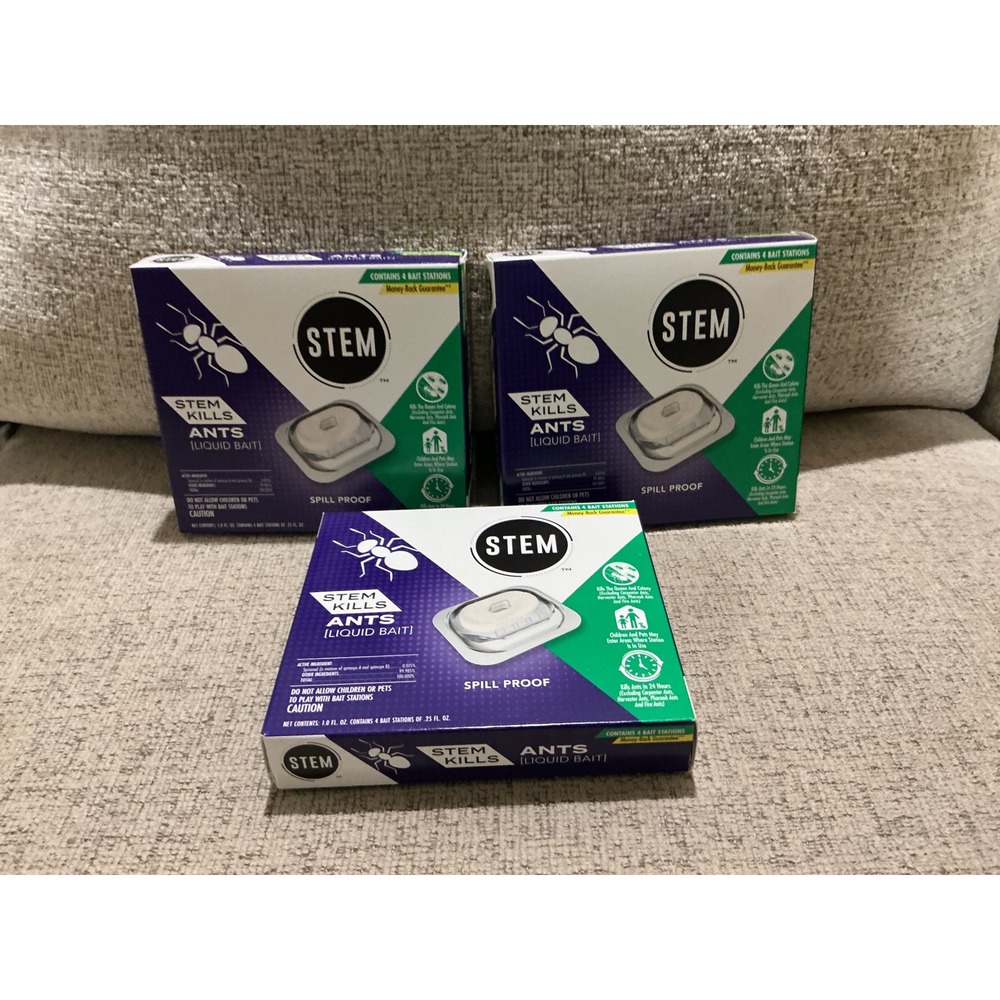 STEM Kills Ants Liquid Bait Spill Proof 4‎ Bait Stations Per Box 3 Pack Total 12